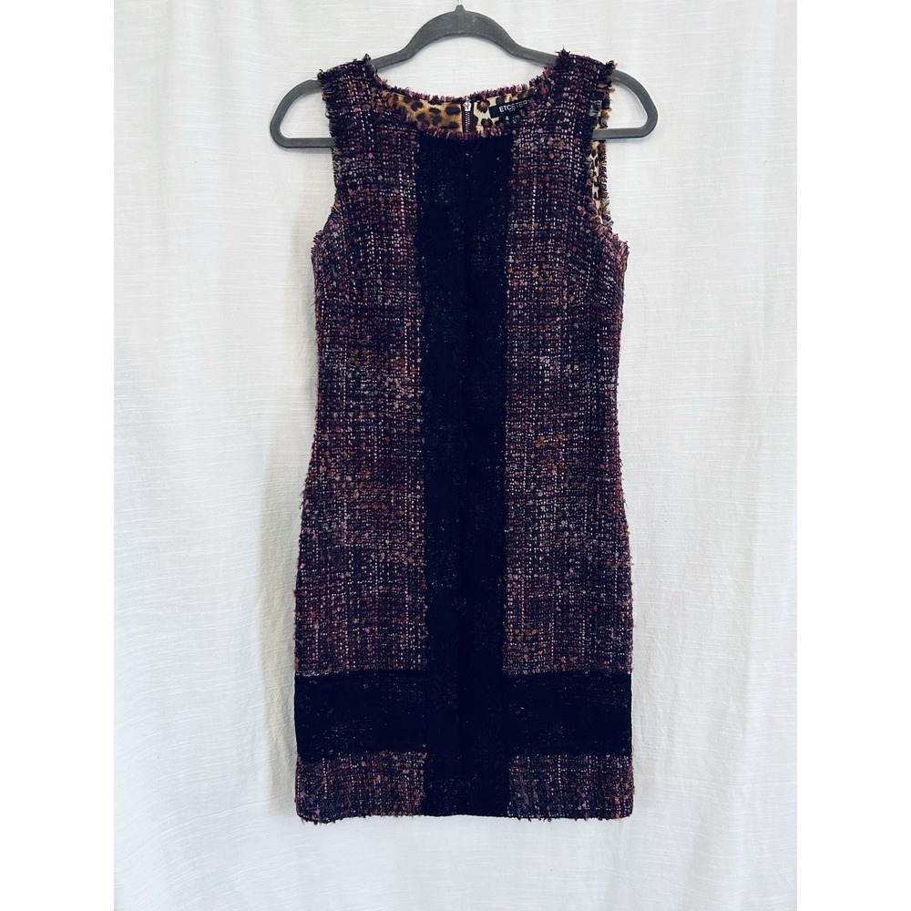 Ecetera Tweed Boucle Wool Blend Lace Dress With Leopard Lining